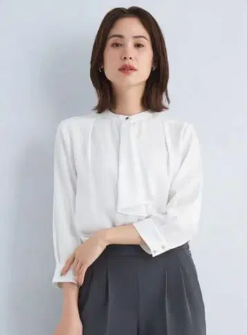 프릴 타이 7부 소매 블라우스 리본 보타이 화이트