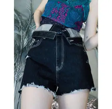 EVRIS 허리 플랩 데님 숏팬츠 블랙