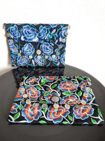 몽족 자수 클러치백 장미 패턴 에스닉 프린지 파우치