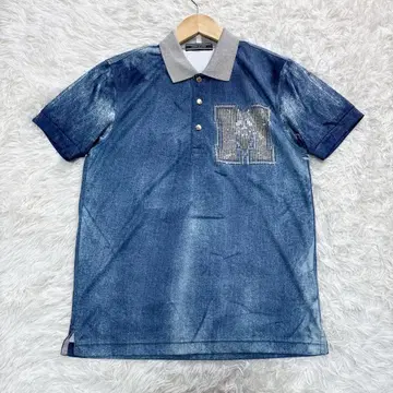 MARK&LONA 데님 블루 피케 셔츠 M 로고 스톤 장식 S 사이즈