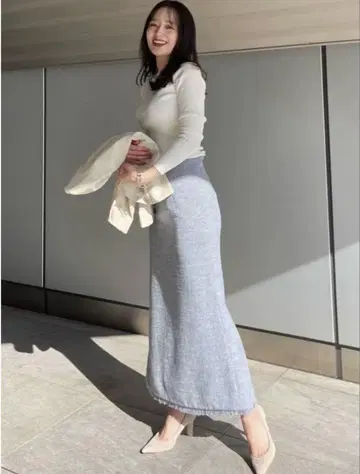 그레이 프린지 헴 롱 스커트