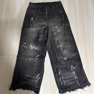 데미지 가공 블랙 와이드 레그 데님 33X75