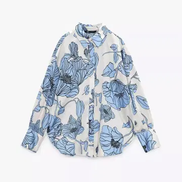 ZARA 자라 플라워 프린트 셔츠 꽃무늬 셔츠 스카이블루 블루