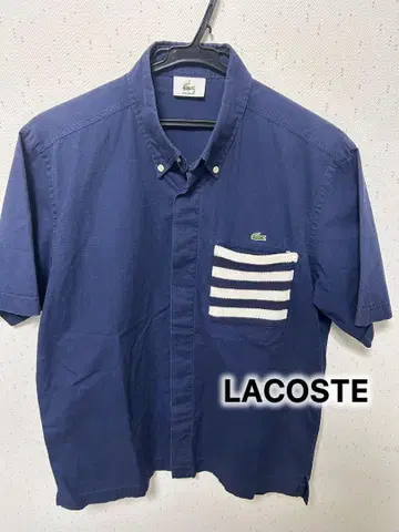 LACOSTE 네이비 반팔 셔츠 스트라이프 포켓 부착