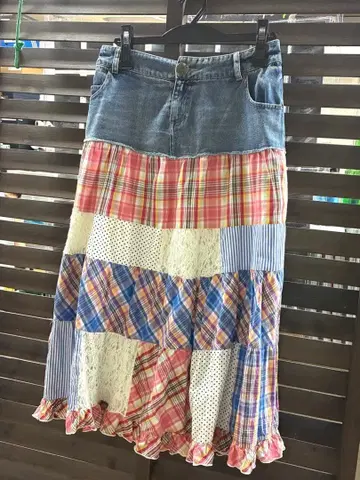 헤이세이 레트로 패치워크 데님 롱 스커트 페어리 그런지 모리걸