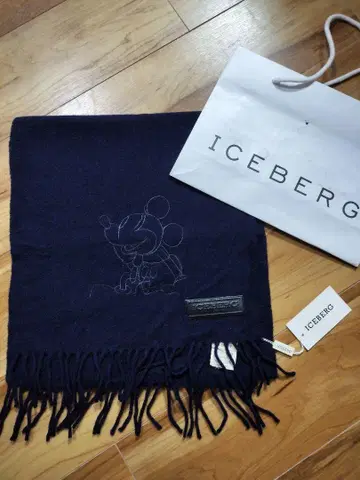 미사용 ICEBERG 미키 자수 네이비 머플러 아이스버그 울