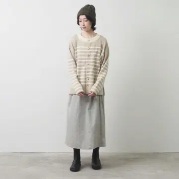 NARU 면 코마 14G 이중직 배색 보더 니트 가디건