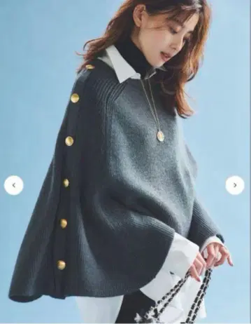 루니 니트 판초 골드 버튼 울 차콜 그레이