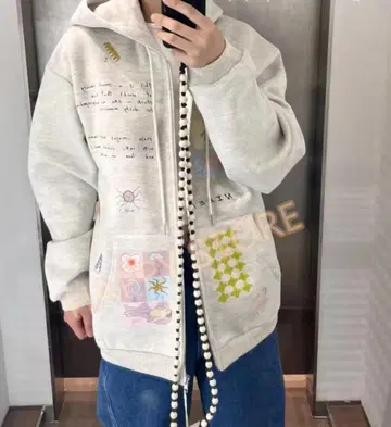 NIEEH 아트 프린트 후드티 그레이