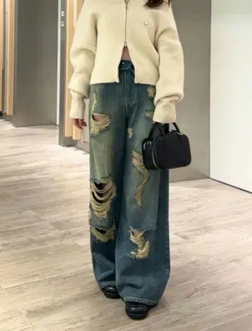 chico 데미지 와이드 데님 팬츠 블루