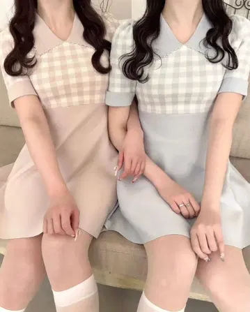 evelyn 깅엄 펄 니트 원피스 핑크