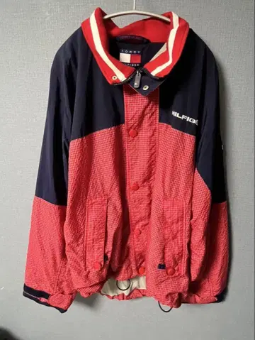 Tommy Hilfiger 90s 나일론 자켓 빨간색 네이비 체크 무늬