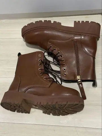 브라운 레이스업 지퍼 부츠 EU37