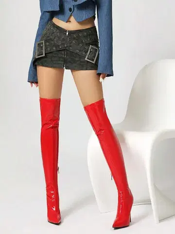 레드 니하이 부츠 광택 마감