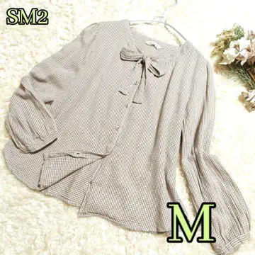 SM2 깅엄 체크 보타이 블라우스 긴팔 M 울 혼방 리본 브라운