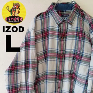 USA 구제 의류 IZOD 플란넬 셔츠 L 화이트 레드 체크