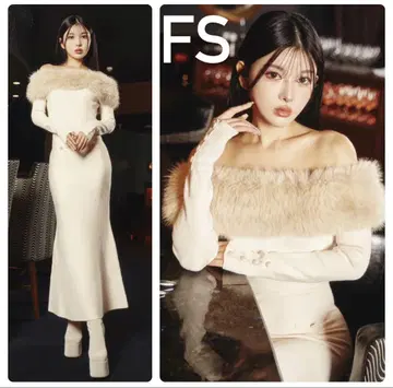 다리치 오프숄더 퍼 니트 롱 원피스
