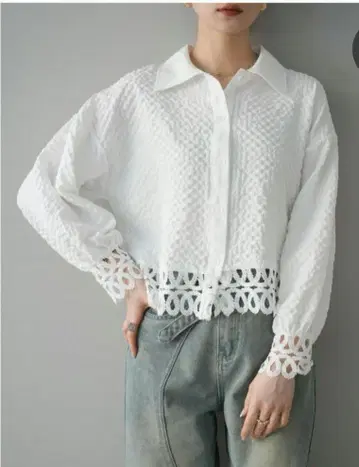 레이스 절개 엠보싱 디자인 숏 블라우스