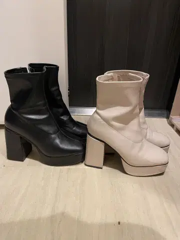 Shein 합성 피혁 하이힐 부츠 블랙 아이보리 2가지 색상 세트
