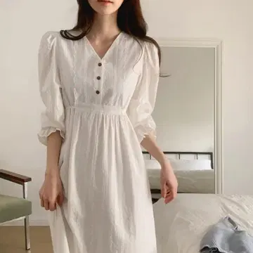 무지 롱 기장 레이스 긴팔 롱 맥시 길이 원피스 [화이트]