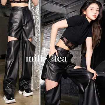 택 포함 새상품 다리치 컷 아웃 가죽 팬츠 블랙