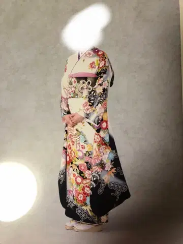 후리소데 풀세트 기모노 꽃무늬 블랙과 화이트 총액 약 50만 큰 키