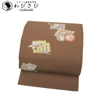 나고야 오비 겐지조니 꽃무늬 새 눈꽃 브라운 장척 O-4613