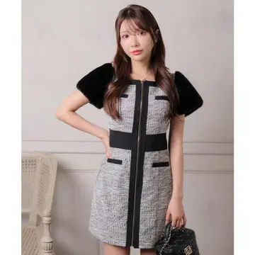 LIP SERVICE 2way 퍼 슬리브 트위드 원피스 블랙 M
