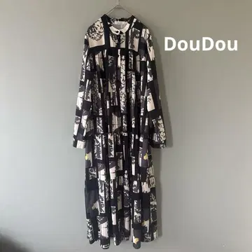 DouDou 프린트 티어드 롱 원피스 FREE 블랙 화이트