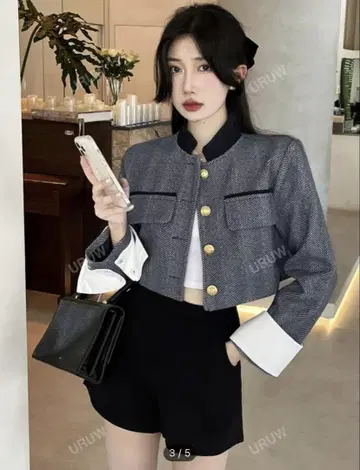 그레이와 블랙 트위드 크롭 자켓