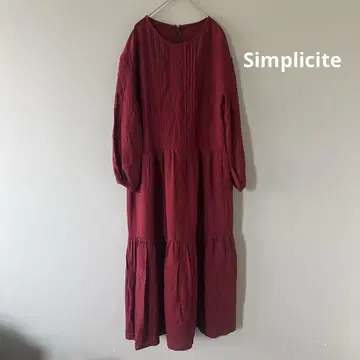 Simplicite 티어드 원피스 긴팔 와인 레드