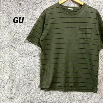 3131 GU 반팔 T셔츠 상의 코튼 100% 보더 무늬 L 그린 블랙