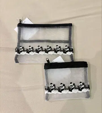새상품 긴자와 레이스 팬더 메쉬 파우치 2개 세트 블랙/화이트
