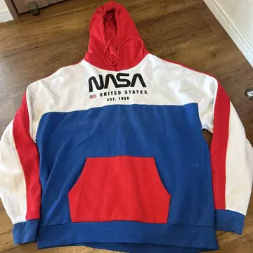 NASA 미국 빈티지 의류 트리코 컬러 후드 부착 후드티 빨강 파랑 하양