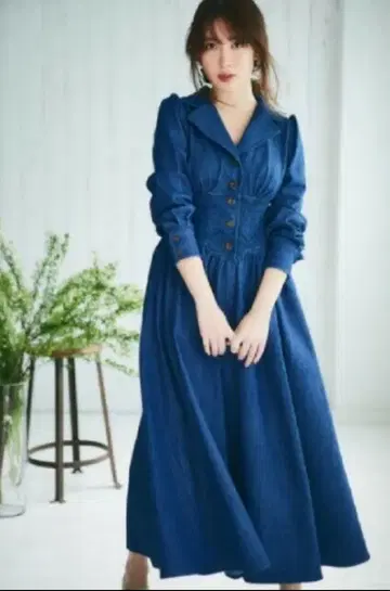 하립투 레이스 벨티드 데님 드레스 블루