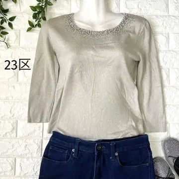 23구 그레이 라메 비쥬 7부 소매 티셔츠 사이즈 40