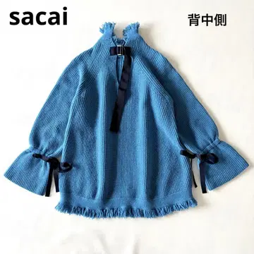 sacai 사카이 백 벨트 포함 울 프린지 와플 니트 리본 소매 블루