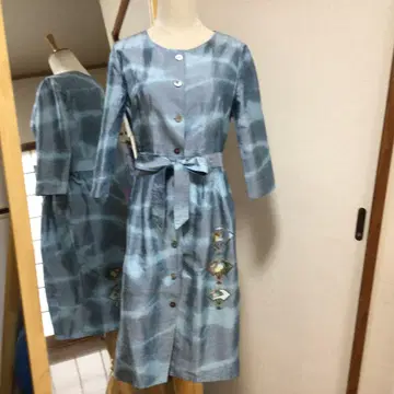 핸드메이드 순수 실크 기모노 원단 스카이블루 7부 소매 원피스 부채 자수