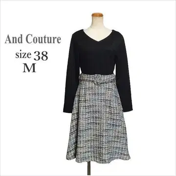 (And Couture) 믹스 트위드 절개 플레어 원피스 벨트 포함 38