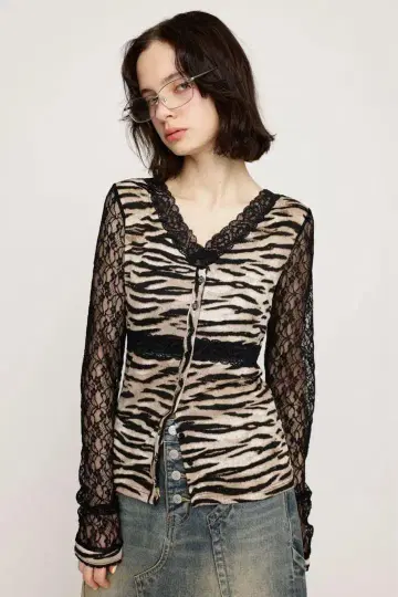 SLY LACE RIB COMBI 블라우스 레오파드 탑 긴팔 레이스