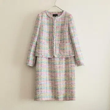 b 탈봇 트위드 셋업 자켓 원피스 노카라 그린