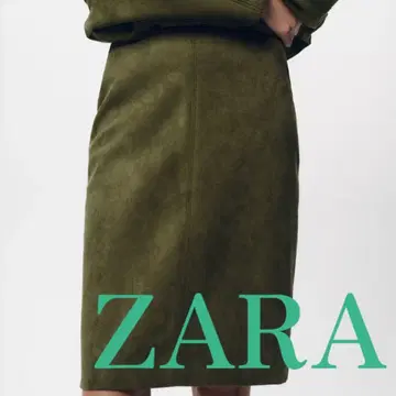 ZARA 올리브 그린 스웨이드풍 미디 스커트 카키 페이크 스웨이드