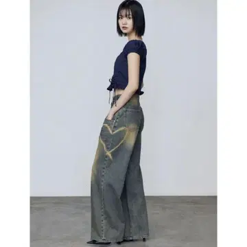 EMODA 데님 하트 그래픽 루즈진 블루 M
