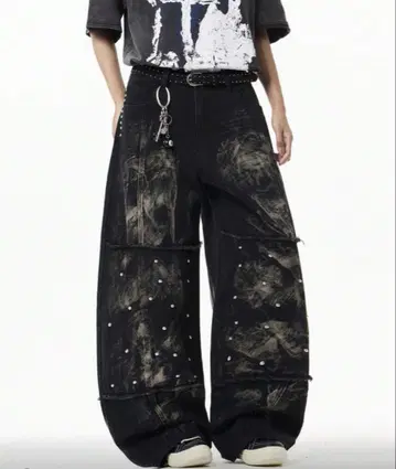 y2k 그런지 블랙 데님 와이드 팬츠 여성용 남성용 청바지 미사용