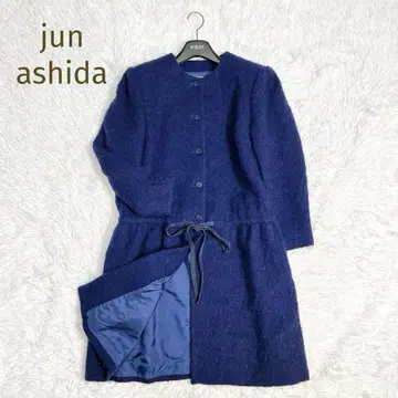 준 아시다 허리 리본 울 노칼라 롱 코트 블루 계열 M