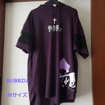 BUBBZU 후드 부착 퍼플 T셔츠 검은 고양이 디자인