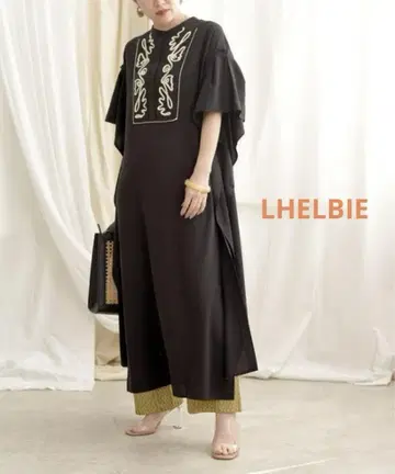 LHELBI 자수 플레어 슬리브 롱 원피스