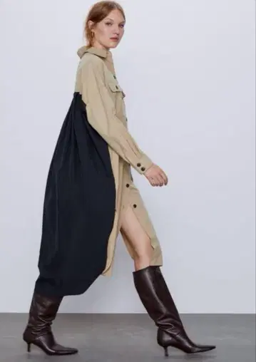 ZARA 베이지 블랙 셔츠 원피스 절개
