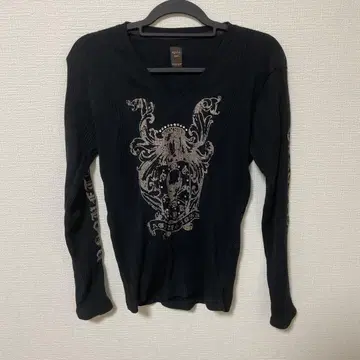 Y2K 그런지 블랙 V넥 긴팔 티셔츠