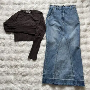 MOUSSY 다크 브라운 가디건과 타이트 스커트 세트